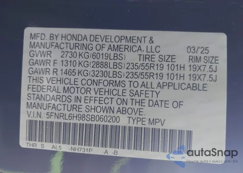 2025 Honda Odyssey Elite из США, поврежденный, VIN 5FNRL6H98SB060200